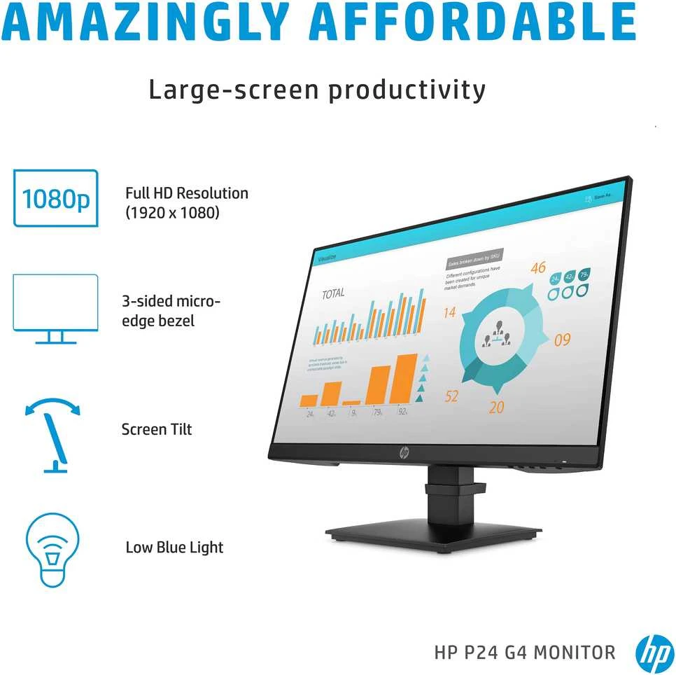 „Hewlett Packard“ (HP) „HP ProDisplay P24 G4 FHD“ monitorius – 23,8 colio 1920 x 1080 FHD AG, IPS, „DisplayPort/HDMI/VGA“, 3 jungtys