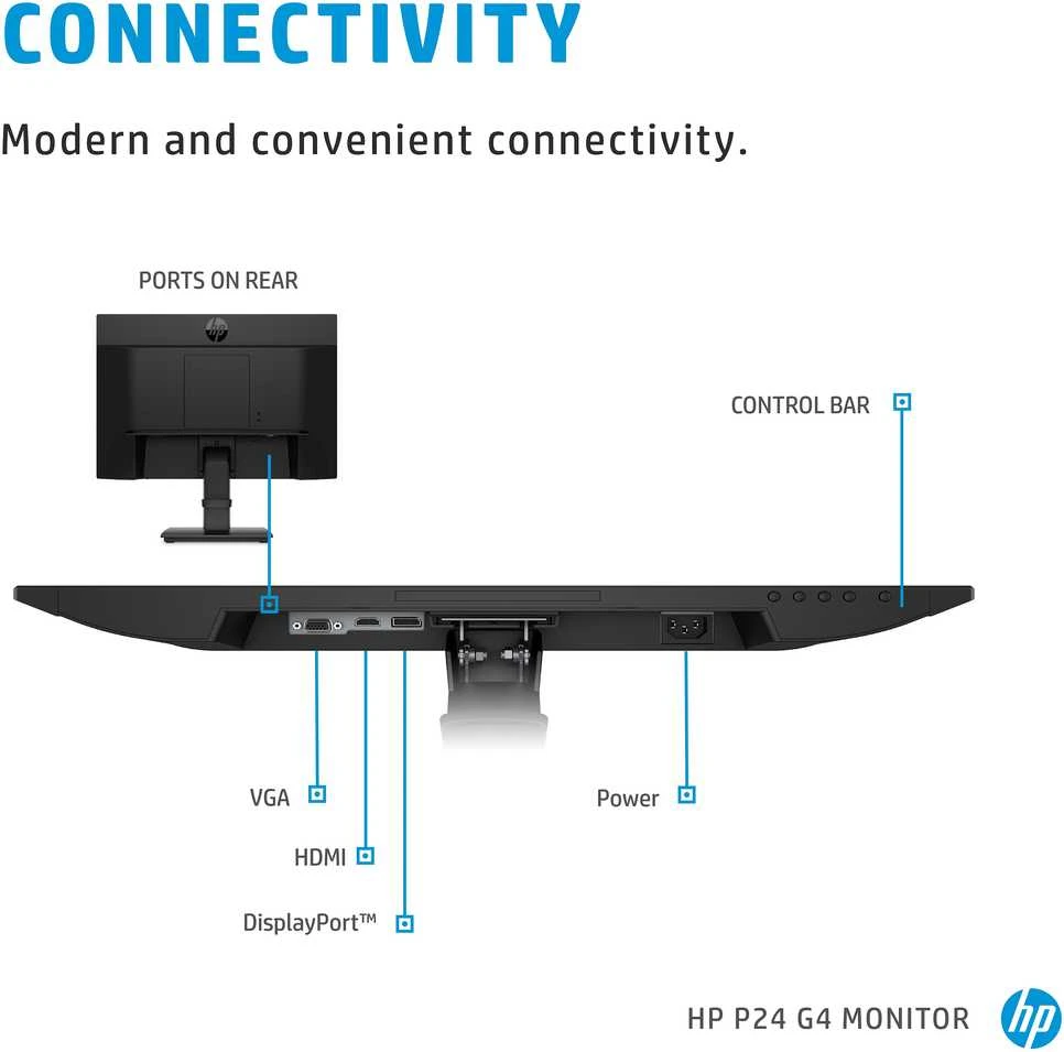 „Hewlett Packard“ (HP) „HP ProDisplay P24 G4 FHD“ monitorius – 23,8 colio 1920 x 1080 FHD AG, IPS, „DisplayPort/HDMI/VGA“, 3 jungtys