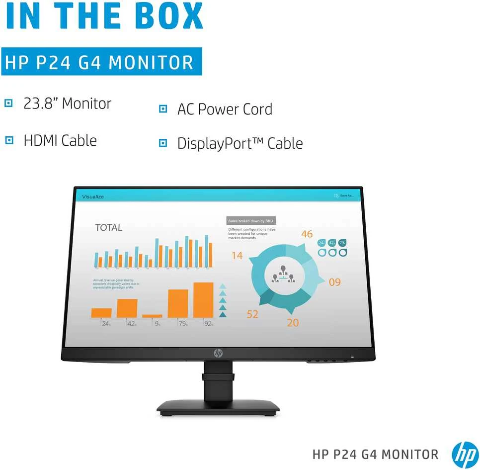 „Hewlett Packard“ (HP) „HP ProDisplay P24 G4 FHD“ monitorius – 23,8 colio 1920 x 1080 FHD AG, IPS, „DisplayPort/HDMI/VGA“, 3 jungtys