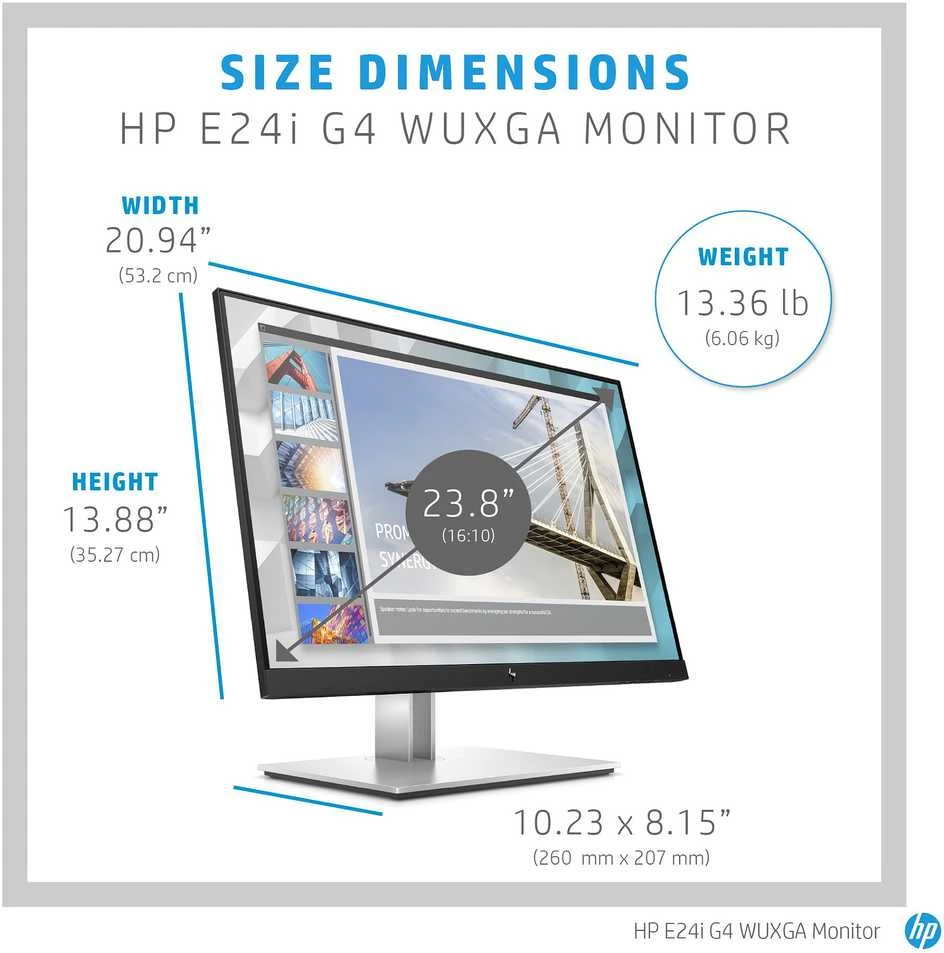 „Hewlett Packard“ (HP) „HP E24i G4 WUXGA“ monitorius – 24 colių, 1920 x 1200 WUXGA, 250 nitų, 60 Hz, AG, IPS, HDMI/VGA/DisplayPort, 4 USB-A, reguliuojamo aukščio / pakreipimo / pasukimo / sukimosi ašys, 3 metimai