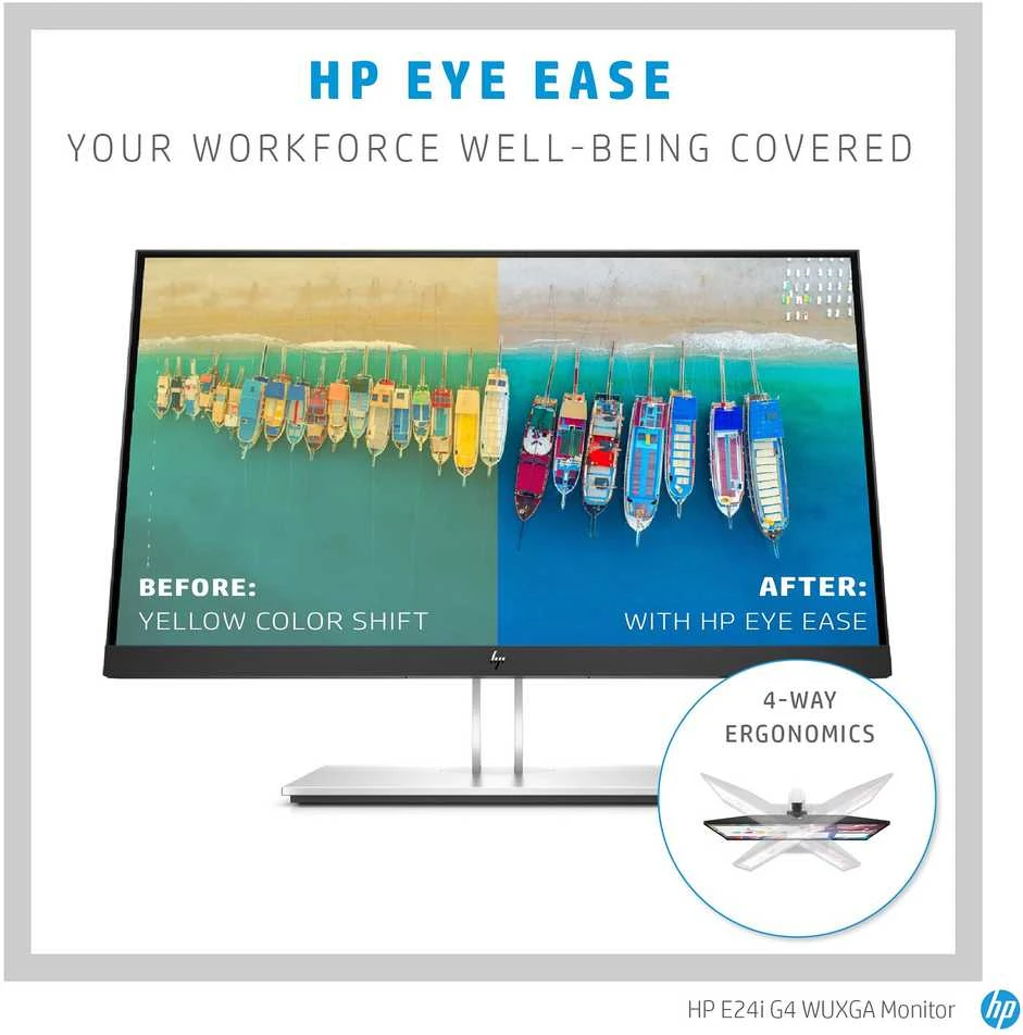 „Hewlett Packard“ (HP) „HP E24i G4 WUXGA“ monitorius – 24 colių, 1920 x 1200 WUXGA, 250 nitų, 60 Hz, AG, IPS, HDMI/VGA/DisplayPort, 4 USB-A, reguliuojamo aukščio / pakreipimo / pasukimo / sukimosi ašys, 3 metimai