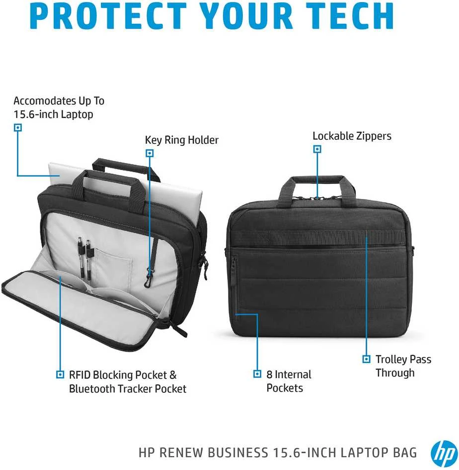 „Hewlett Packard“ (HP) „HP Business 15.6“ nešiojamas kompiuteris su viršutiniu užkrovimu, RFID ir „Bluetooth“ sekimo kišene, kabelio praėjimu, dezinfekuojamas - Juodas