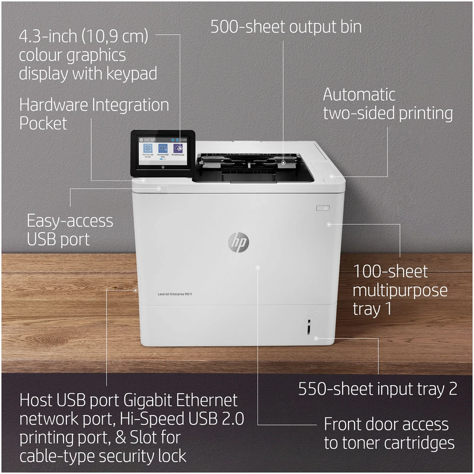 Hewlett Packard (HP) HP LaserJet Enterprise M611dn Spausdintuvas Mono Duplex lazerinis A4 1200x1200dpi 61 psl./min. 650 lapų USB LAN