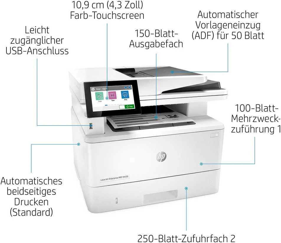 Hewlett Packard (HP) HP LaserJet Enterprise MFP M430f AIO All-in-One Spausdintuvas - A4 Mono lazerinis, Spausdinti/Kopijuoti/Dual-Side Scan/Faksas, Automatinis dokumentų tiektuvas, Auto-Duplex, LAN, 38ppm, 900-4800 pages per mėnuo (pakeičia M521f / M521dn)