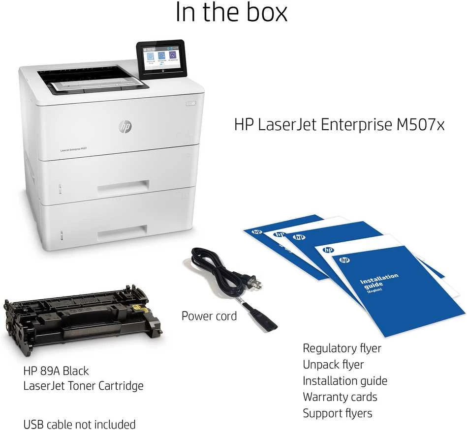 Hewlett Packard (HP) HP LaserJet Enterprise M507x Spausdintuvas - A4 Mono lazerinis, Spausdinimas, Automatinis dokumentų tiektuvas, Auto-Duplex, LAN, WiFi, 43ppm, 2000-7500 puslapių per mėnesį (pakeičia M506x)