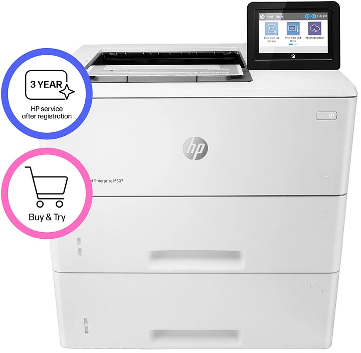 Hewlett Packard (HP) HP LaserJet Enterprise M507x Spausdintuvas - A4 Mono lazerinis, Spausdinimas, Automatinis dokumentų tiektuvas, Auto-Duplex, LAN, WiFi, 43ppm, 2000-7500 puslapių per mėnesį (pakeičia M506x)