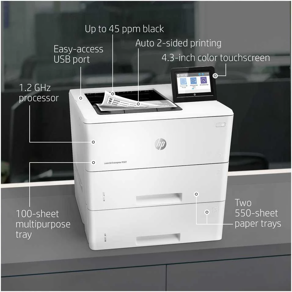 Hewlett Packard (HP) HP LaserJet Enterprise M507x Spausdintuvas - A4 Mono lazerinis, Spausdinimas, Automatinis dokumentų tiektuvas, Auto-Duplex, LAN, WiFi, 43ppm, 2000-7500 puslapių per mėnesį (pakeičia M506x)