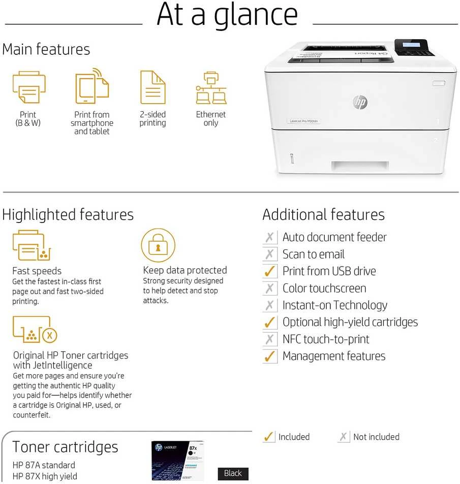 Hewlett Packard (HP) HP LaserJet Pro M501dn Spausdintuvas - A4 Mono lazerinis, Spausdinimas, Automatinis dokumentų tiektuvas, Auto-Duplex, LAN, 43ppm, 1500-6000 puslapių per mėnesį (pakeičia P3015dn)