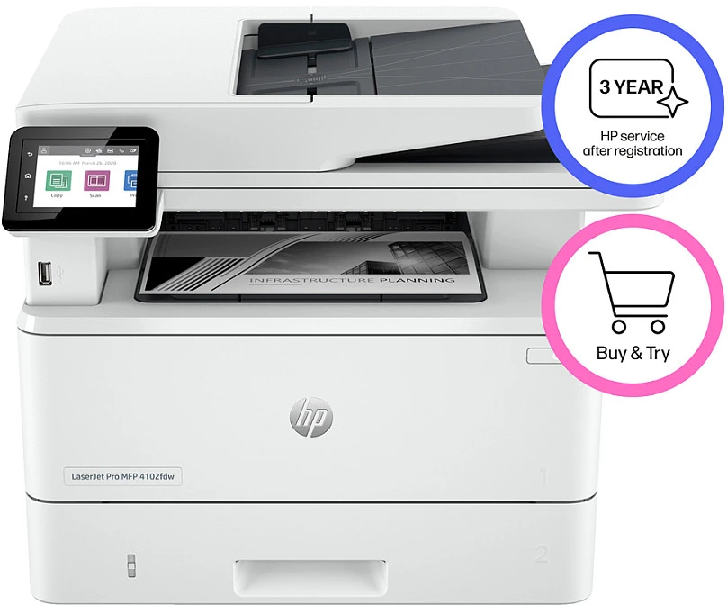 Spausdintuvas Hewlett Packard (HP) HP LaserJet Pro MFP 4102fdw MFP Mono lazerinis A4 38 psl./min. Kopijavimas 40 psl./min. Spausdinimas 350 lapų LAN „Wi-Fi“ USB „Bluetooth“ USB