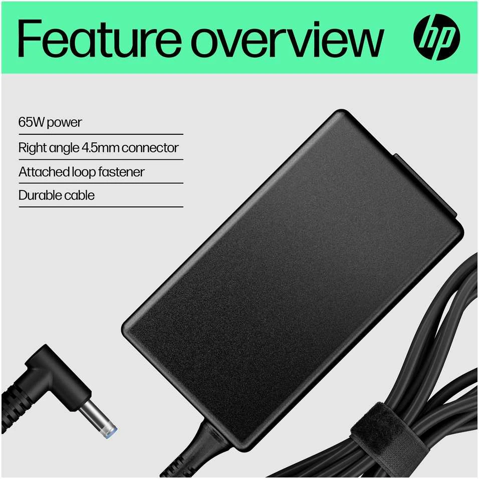 Hewlett Packard (HP) HP 65 W išmanusis kintamosios srovės maitinimo adapteris – nešiojamojo kompiuterio įkroviklis, 4,5 mm jungtis su 7,4 mm adapteriu / tinka HP 200 serijos, „ProBook 400/600“ serijos, „EliteBook 700/800“ serijos kompiuteriams