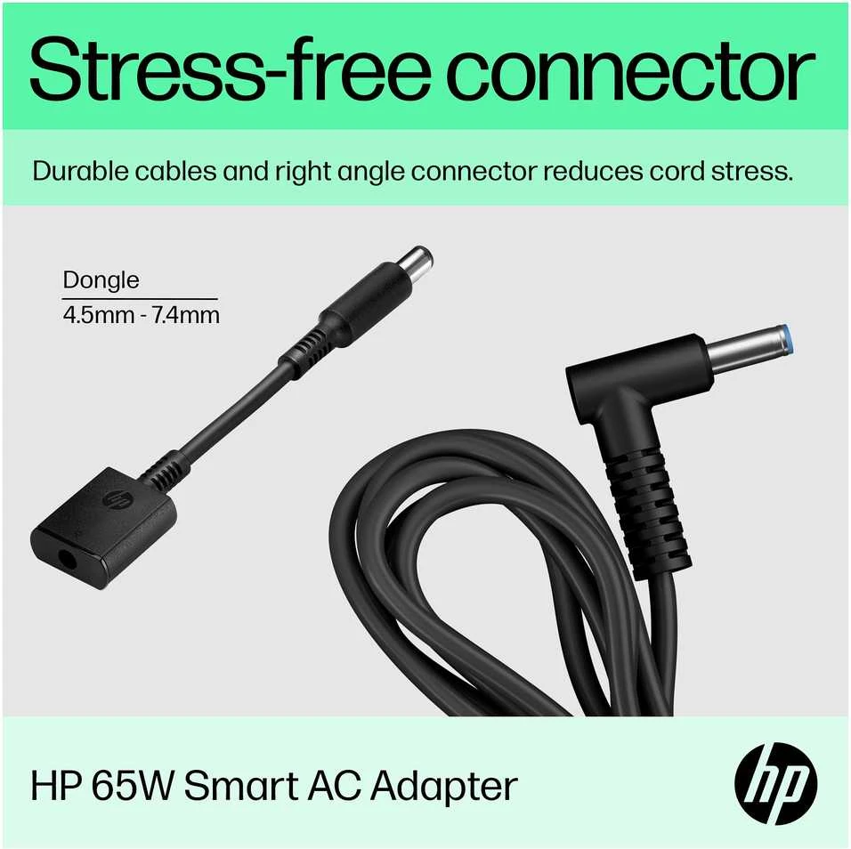 Hewlett Packard (HP) HP 65 W išmanusis kintamosios srovės maitinimo adapteris – nešiojamojo kompiuterio įkroviklis, 4,5 mm jungtis su 7,4 mm adapteriu / tinka HP 200 serijos, „ProBook 400/600“ serijos, „EliteBook 700/800“ serijos kompiuteriams