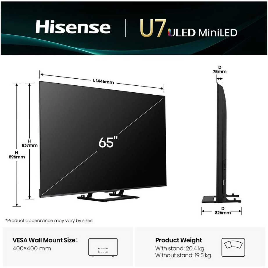 Televizorius Hisense Mini LED TV | 65U7Q | 65 | Smart TV | VIDAA Smart OS | UHD | Juodas
