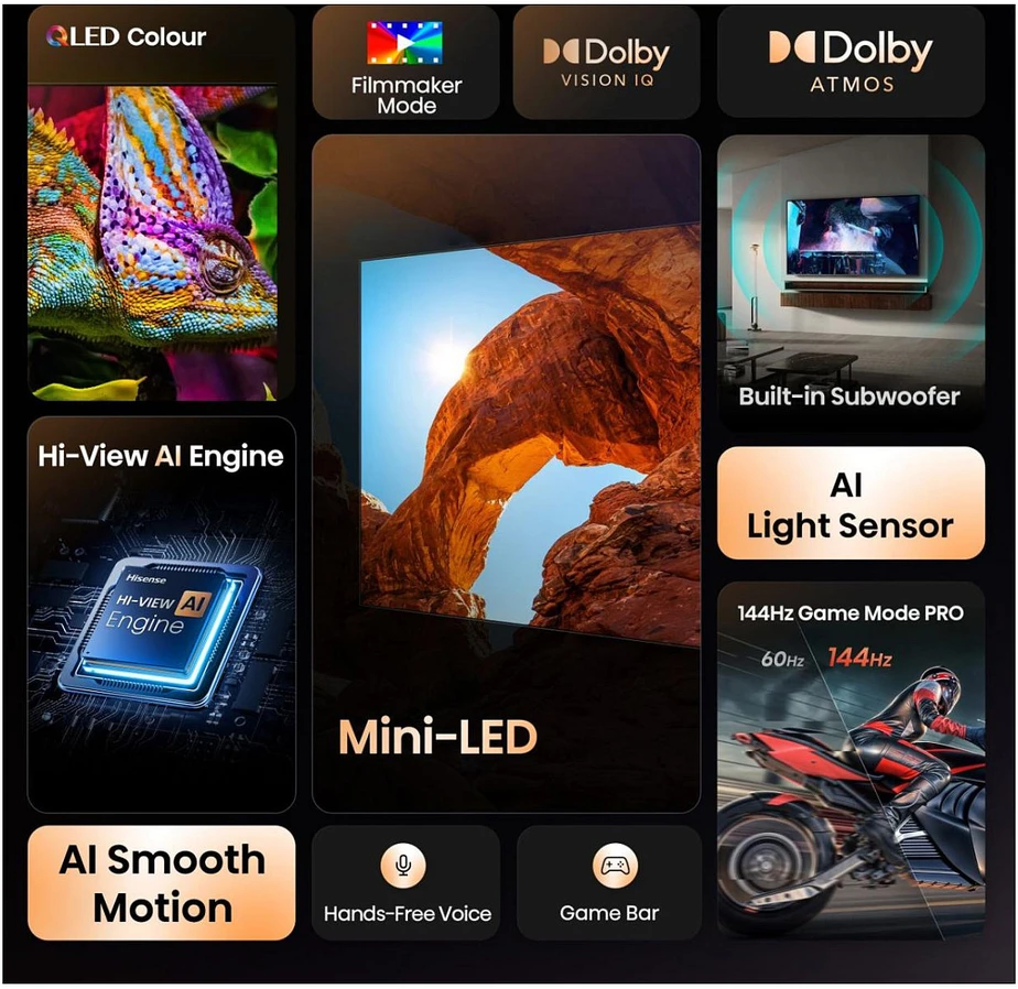 Televizorius Hisense Mini LED TV | 65U7Q | 65 | Smart TV | VIDAA Smart OS | UHD | Juodas