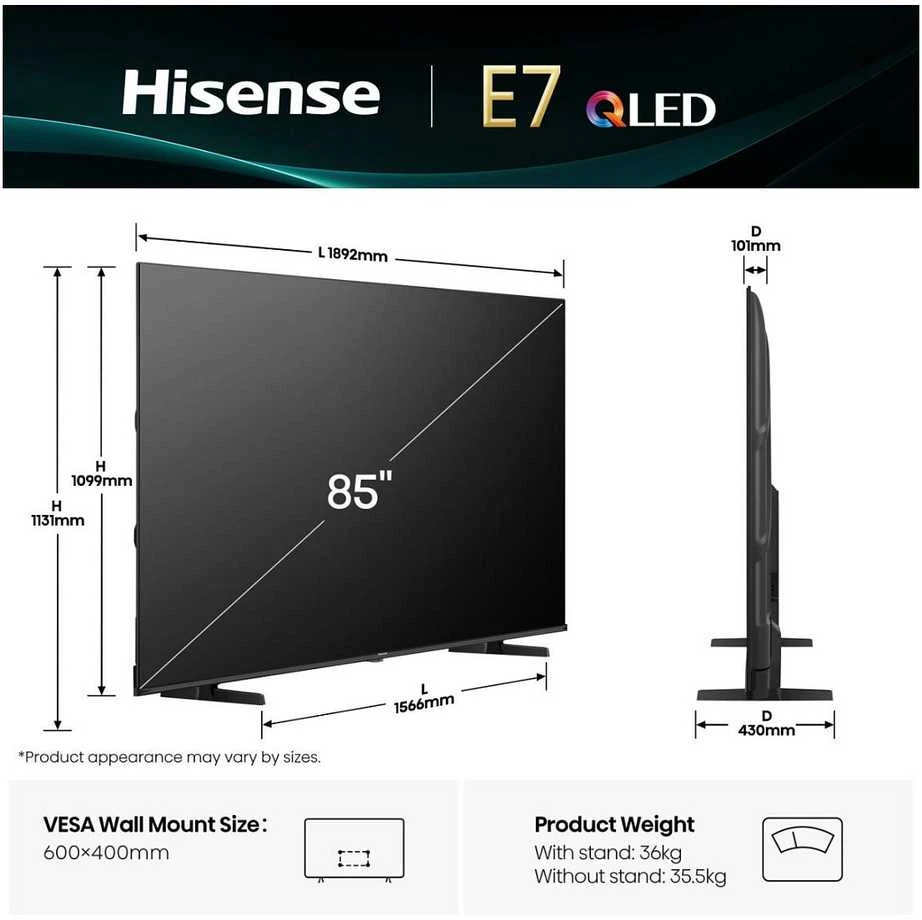 Televizorius Hisense 85E77Q - 85 colių įstrižainės 4K QLED išmanusis televizorius, HDR10+, Dolby Vision, Juodas