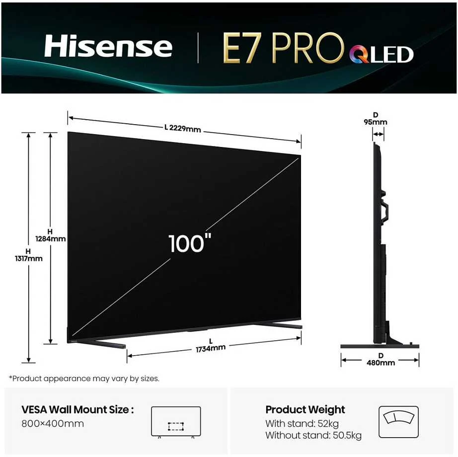 Televizorius Hisense 100E7Q PRO 2.54 m (100") 4K Ultra HD Smart TV Wi-Fi Juodas