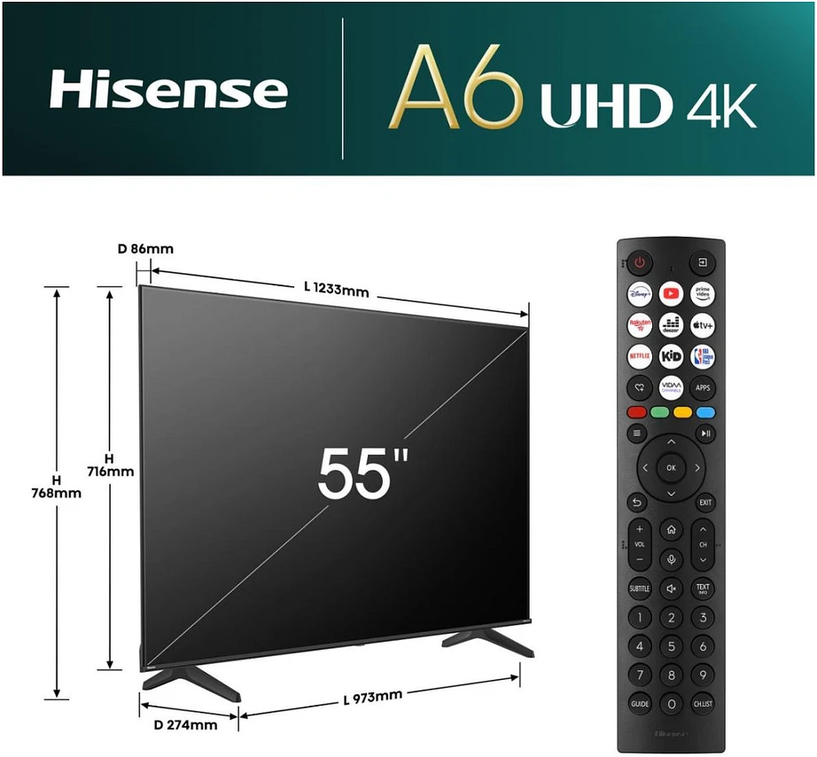 „Hisense UHD“ išmanusis televizorius | 55A6N | 55" | Išmanusis televizorius | VIDAA OS | UHD | Juodas