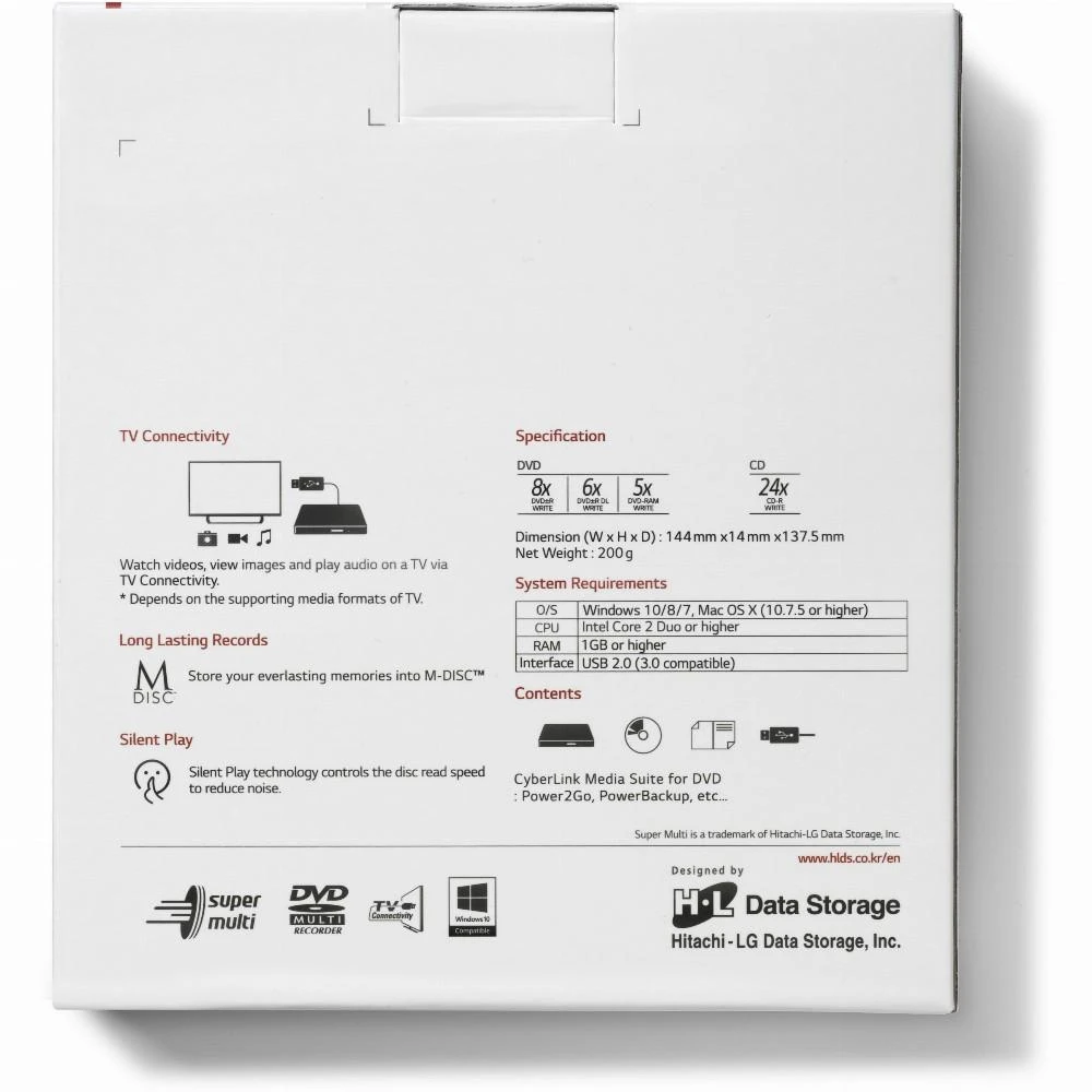 LG H.L duomenų saugykla | Itin plonas nešiojamasis DVD rašiklis | GP60NW60 | Sąsaja USB 2.0 | DVD±R/RW | CD skaitymo greitis 24 x | CD įrašymo greitis 24 x | Baltas | Stalinis kompiuteris / Nešiojamasis kompiuteris
