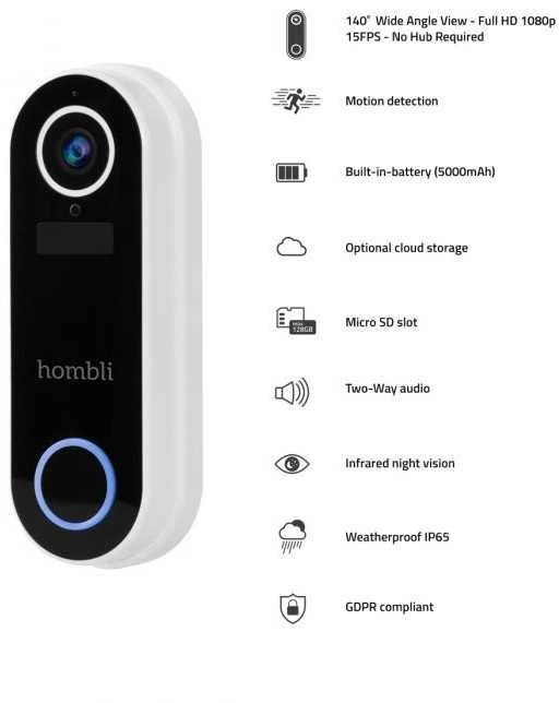 „Hombli“ – išmaniųjų durų skambučių reklaminis rinkinys (2 durų skambutis + 2 varpeliai), baltas
