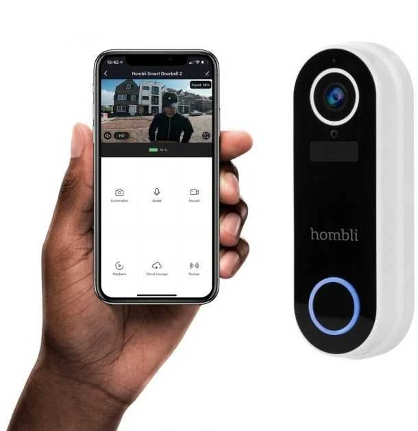 „Hombli“ – išmaniųjų durų skambučių reklaminis rinkinys (2 durų skambutis + 2 varpeliai), baltas