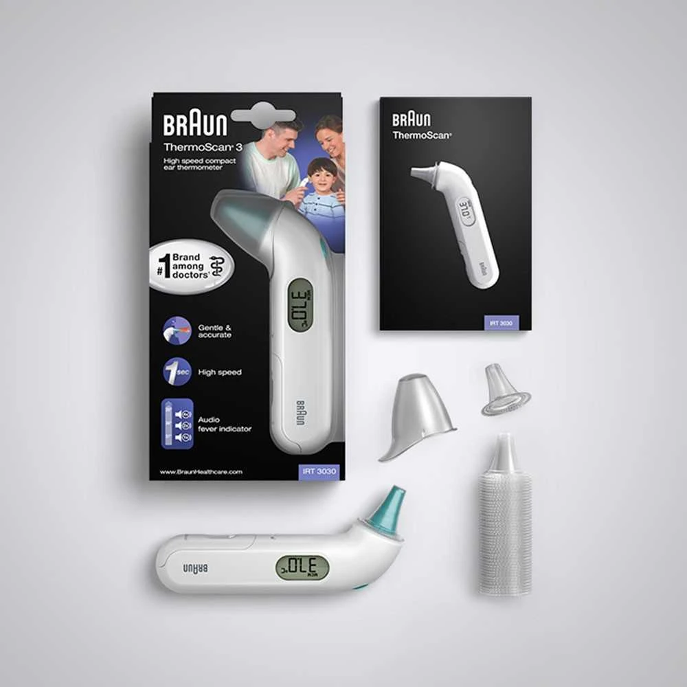 Braun Thermoscan 3 infraraudonųjų spindulių ausies termometras IRT3030 Atminties funkcija, Matavimo laikas 1 s, Baltas