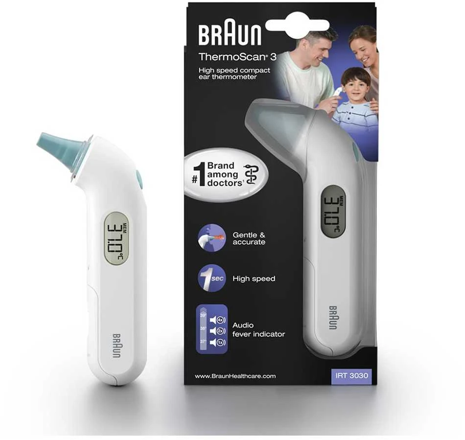 Braun Thermoscan 3 infraraudonųjų spindulių ausies termometras IRT3030 Atminties funkcija, Matavimo laikas 1 s, Baltas