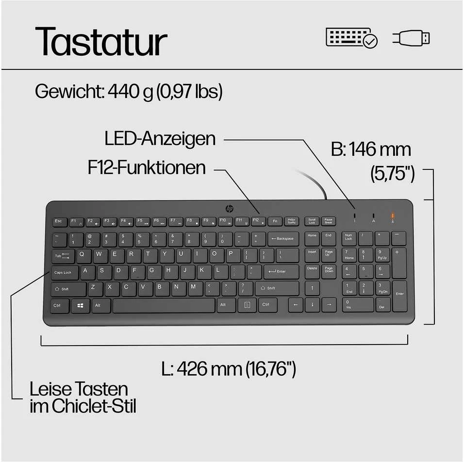 HP 150 USB su laidu Pelė Klaviatūra Combo - Juodas - US ENG