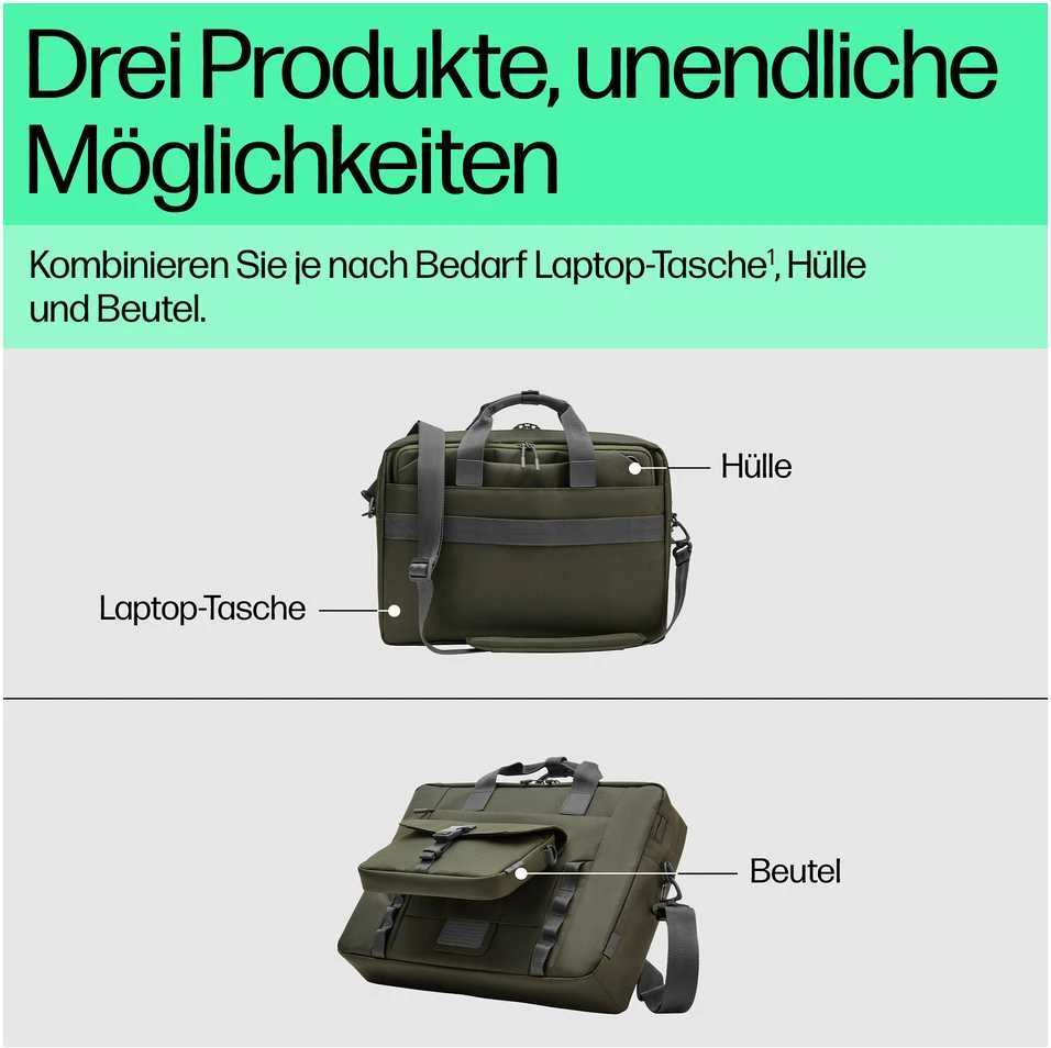 „HP Modular 15.6 Top Load“, „Trys viename“ (RFID maišelis, apkrova iš viršaus, įvorė), atsparus „Vanduo“, praleidžiamas laidas, 22 litrų talpa – tamsiai alyvuogių spalvų „Žalias“
