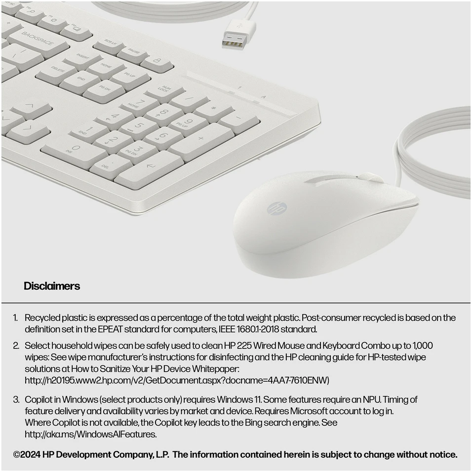 Hewlett Packard (HP) Klaviatūra ir pelė Kit HP 225 su laidu Pelė and KB G2 US English QWERTY