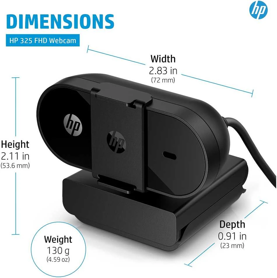 HP 325 USB FHD Privacy verslo klasės internetinė kamera su integruotu mikrofonu, sertifikuota „Chromebook“, tvirtinama prie sienos - Juodas
