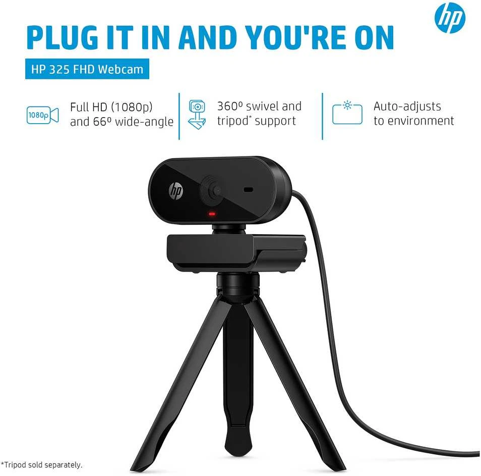 HP 325 USB FHD Privacy verslo klasės internetinė kamera su integruotu mikrofonu, sertifikuota „Chromebook“, tvirtinama prie sienos - Juodas