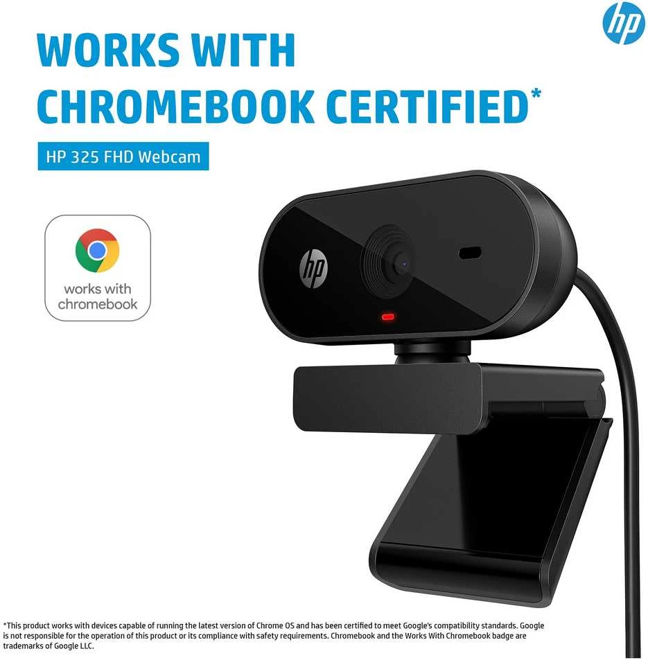 HP 325 USB FHD Privacy verslo klasės internetinė kamera su integruotu mikrofonu, sertifikuota „Chromebook“, tvirtinama prie sienos - Juodas