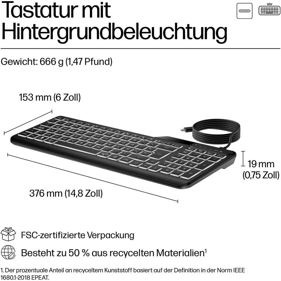 HP 405 su pašvietimu USB-C su laidu 24/7 Klaviatūra, Spill Resistant, Sanitizable, Programmable, Adjustable Tilt and LED brightness - Juodas - US ENG