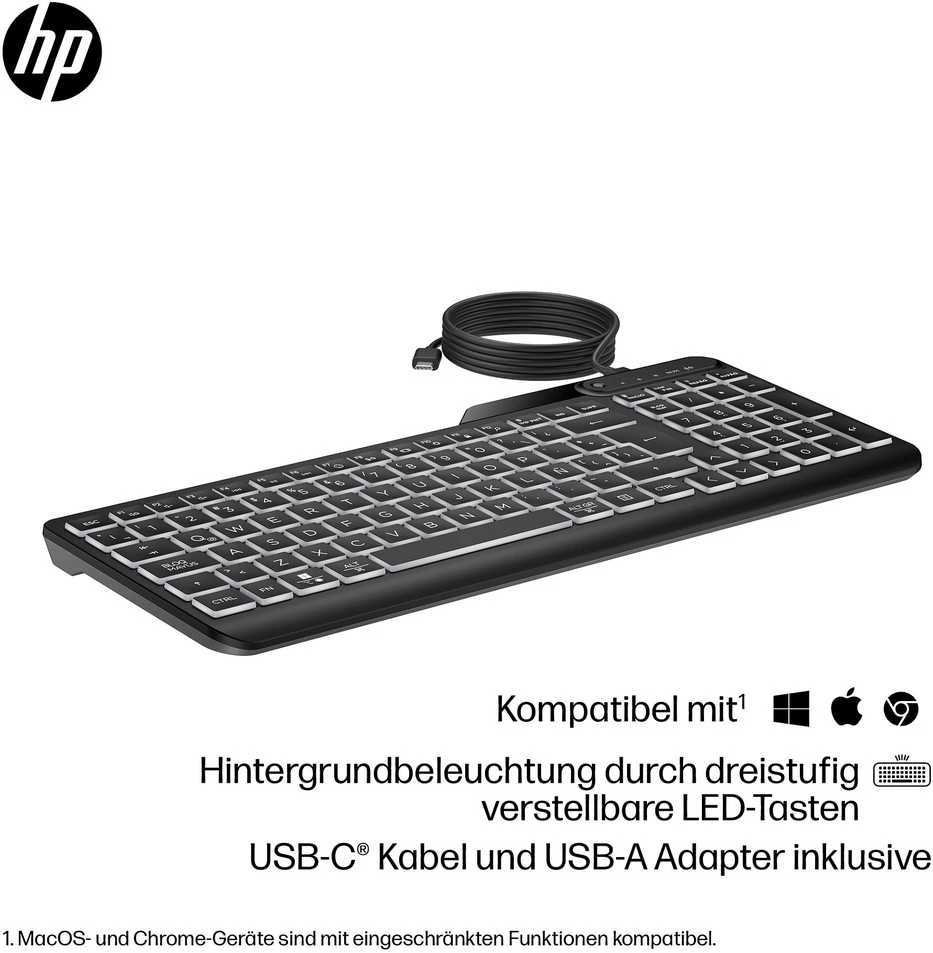 HP 405 su pašvietimu USB-C su laidu 24/7 Klaviatūra, Spill Resistant, Sanitizable, Programmable, Adjustable Tilt and LED brightness - Juodas - US ENG