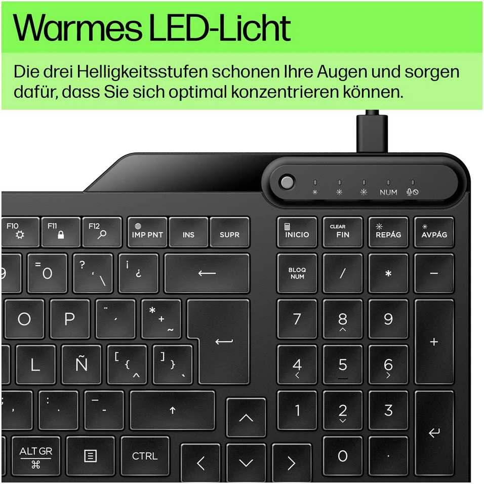 HP 405 su pašvietimu USB-C su laidu 24/7 Klaviatūra, Spill Resistant, Sanitizable, Programmable, Adjustable Tilt and LED brightness - Juodas - US ENG