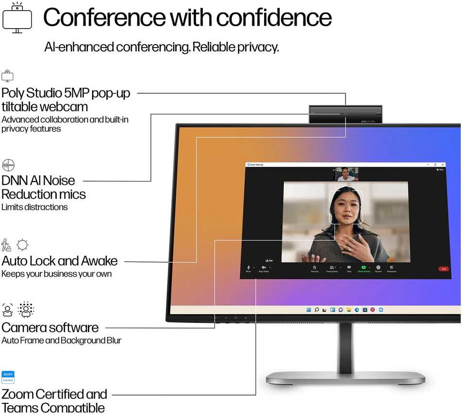HP 524pm Series 5 Pro FHD konferencijų monitorius – 23,8 colio 1920x1080 FHD 350 nitų 100 Hz AG, IPS, USB-C(100W/15W)/HDMI/DP Daisy-Chain, 3x USB-A, garsiakalbiai, internetinė kamera, R,J-4 reguliuoti / pakreipti / pasukti / pasukti, 3 metai (pakeičia E24m)
