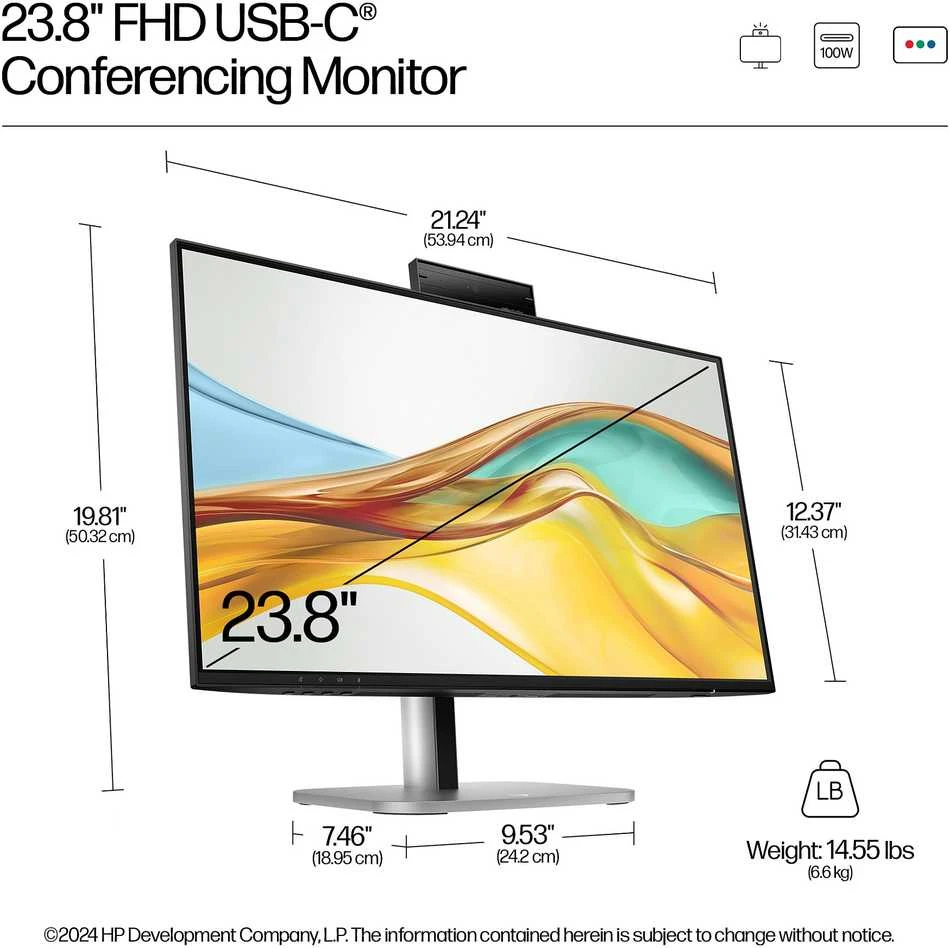 HP 524pm Series 5 Pro FHD konferencijų monitorius – 23,8 colio 1920x1080 FHD 350 nitų 100 Hz AG, IPS, USB-C(100W/15W)/HDMI/DP Daisy-Chain, 3x USB-A, garsiakalbiai, internetinė kamera, R,J-4 reguliuoti / pakreipti / pasukti / pasukti, 3 metai (pakeičia E24m)