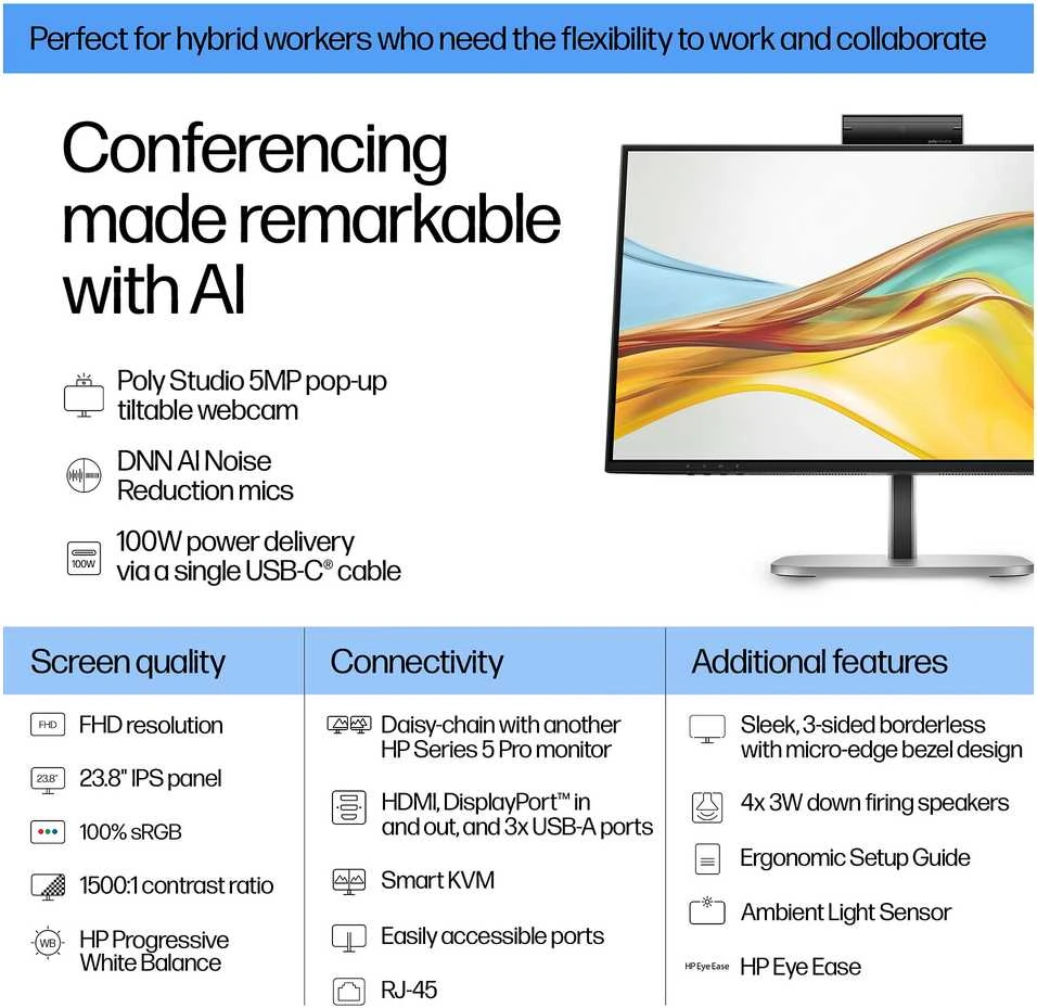 HP 524pm Series 5 Pro FHD konferencijų monitorius – 23,8 colio 1920x1080 FHD 350 nitų 100 Hz AG, IPS, USB-C(100W/15W)/HDMI/DP Daisy-Chain, 3x USB-A, garsiakalbiai, internetinė kamera, R,J-4 reguliuoti / pakreipti / pasukti / pasukti, 3 metai (pakeičia E24m)