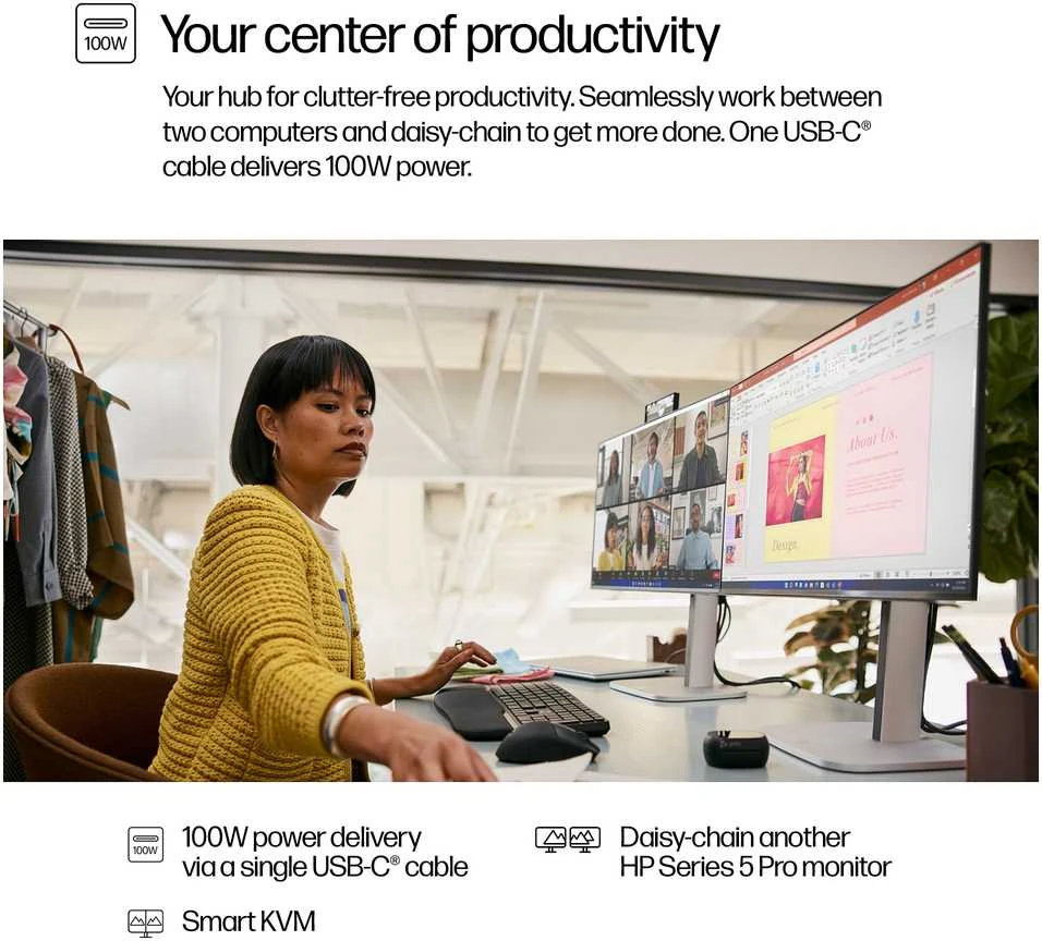 HP 524pm Series 5 Pro FHD konferencijų monitorius – 23,8 colio 1920x1080 FHD 350 nitų 100 Hz AG, IPS, USB-C(100W/15W)/HDMI/DP Daisy-Chain, 3x USB-A, garsiakalbiai, internetinė kamera, R,J-4 reguliuoti / pakreipti / pasukti / pasukti, 3 metai (pakeičia E24m)