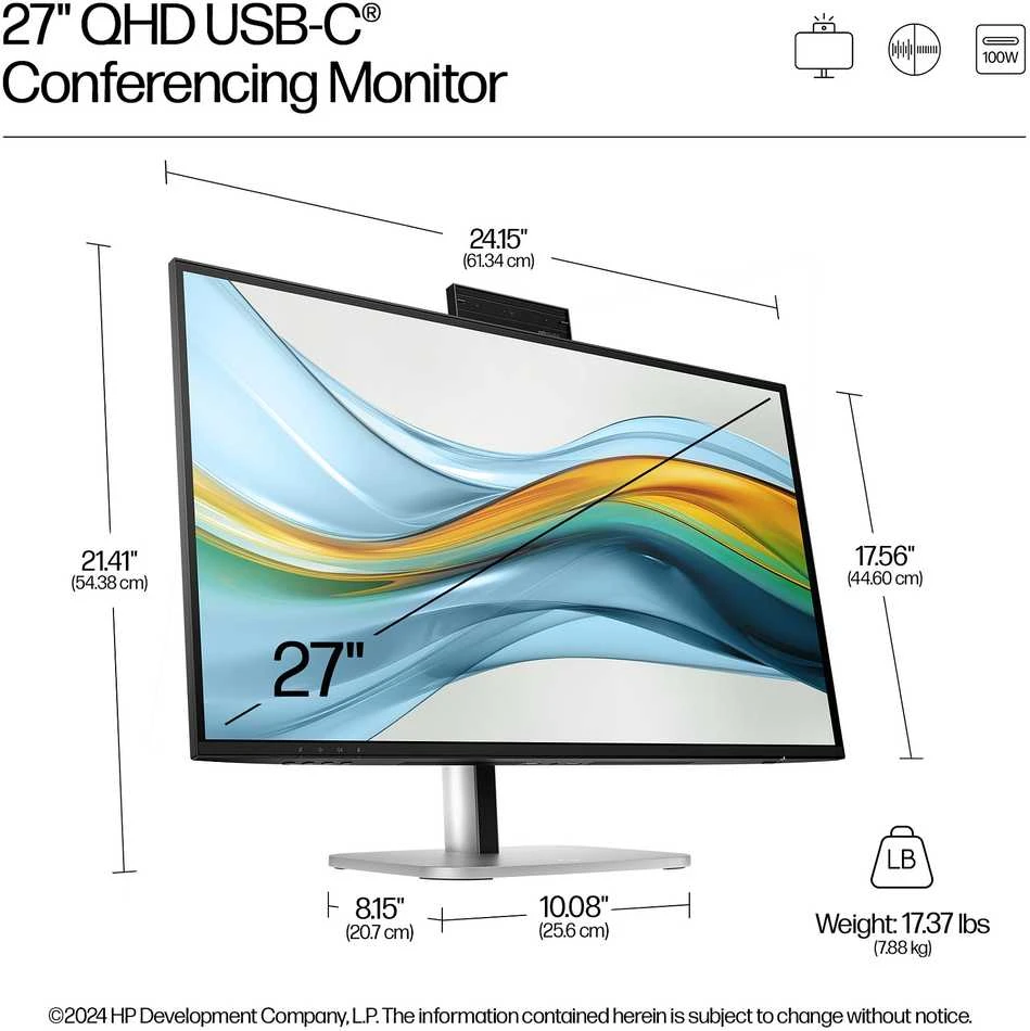 HP 527pm Series 5 Pro QHD konferencijų monitorius – 27 colių 2560x1440 QHD 350 nitų 100 Hz AG, IPS, USB-C(100W/15W)/HDMI/DP Daisy-Chain, 3x USB-A, garsiakalbiai, reguliuojamo aukščio kamera/LAN, RJ, vel-45tivolt 3 metai (pakeičia E27m)