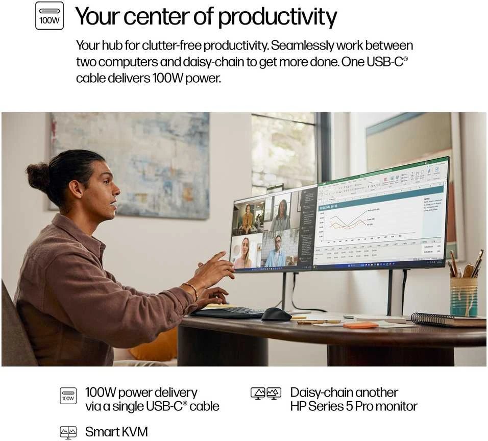 HP 527pm Series 5 Pro QHD konferencijų monitorius – 27 colių 2560x1440 QHD 350 nitų 100 Hz AG, IPS, USB-C(100W/15W)/HDMI/DP Daisy-Chain, 3x USB-A, garsiakalbiai, reguliuojamo aukščio kamera/LAN, RJ, vel-45tivolt 3 metai (pakeičia E27m)