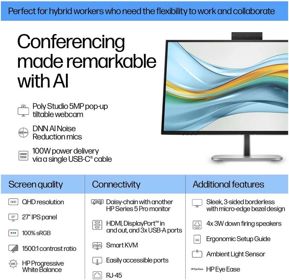 HP 527pm Series 5 Pro QHD konferencijų monitorius – 27 colių 2560x1440 QHD 350 nitų 100 Hz AG, IPS, USB-C(100W/15W)/HDMI/DP Daisy-Chain, 3x USB-A, garsiakalbiai, reguliuojamo aukščio kamera/LAN, RJ, vel-45tivolt 3 metai (pakeičia E27m)