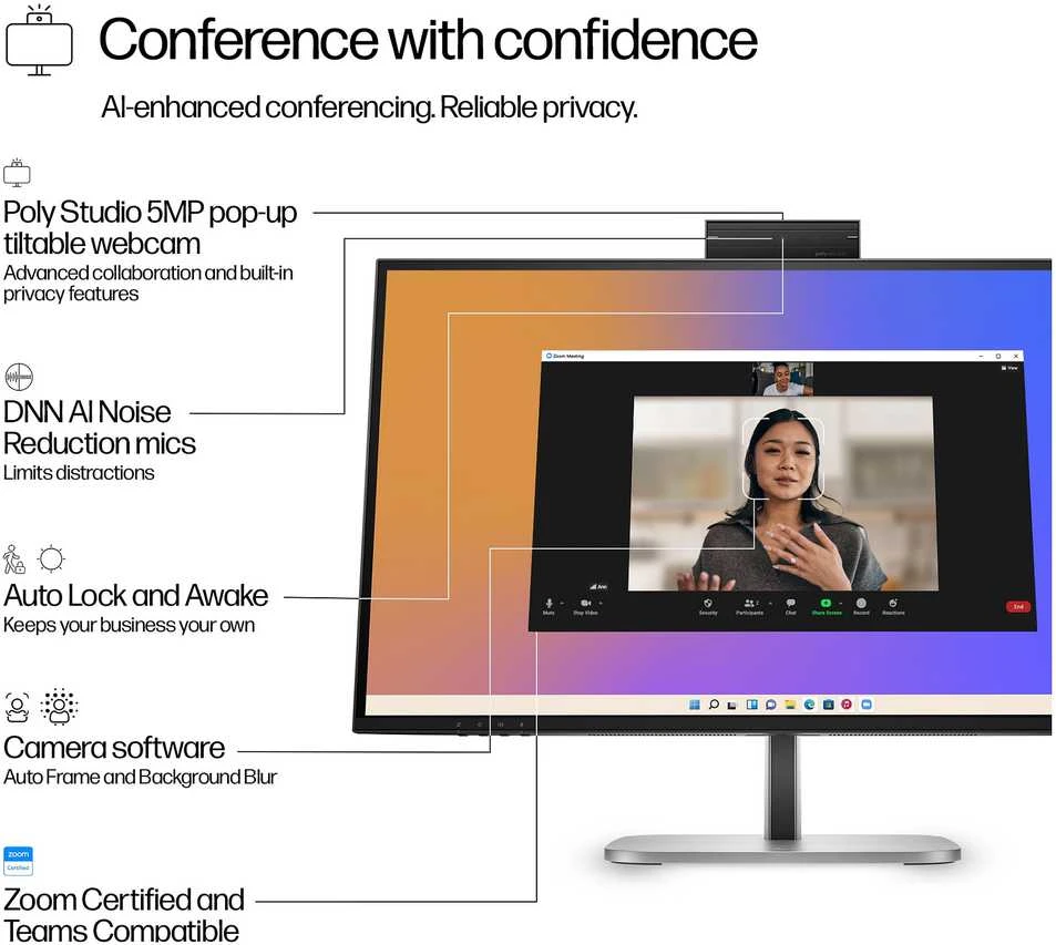 HP 527pm Series 5 Pro QHD konferencijų monitorius – 27 colių 2560x1440 QHD 350 nitų 100 Hz AG, IPS, USB-C(100W/15W)/HDMI/DP Daisy-Chain, 3x USB-A, garsiakalbiai, reguliuojamo aukščio kamera/LAN, RJ, vel-45tivolt 3 metai (pakeičia E27m)