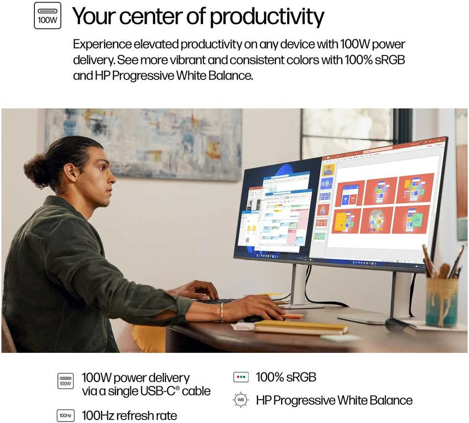 HP 527pu Series 5 Pro QHD įkrovimo monitorius – 27 colių 2560x1440 QHD 350 nitų 100 Hz AG, IPS, USB-C(100W/15W)/HDMI/DisplayPort Daisy-Chain, 3x USB-A