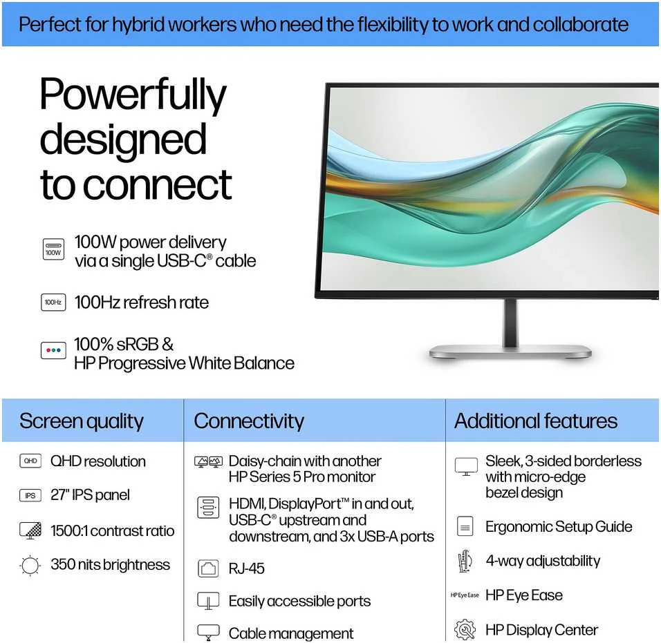 HP 527pu Series 5 Pro QHD įkrovimo monitorius – 27 colių 2560x1440 QHD 350 nitų 100 Hz AG, IPS, USB-C(100W/15W)/HDMI/DisplayPort Daisy-Chain, 3x USB-A