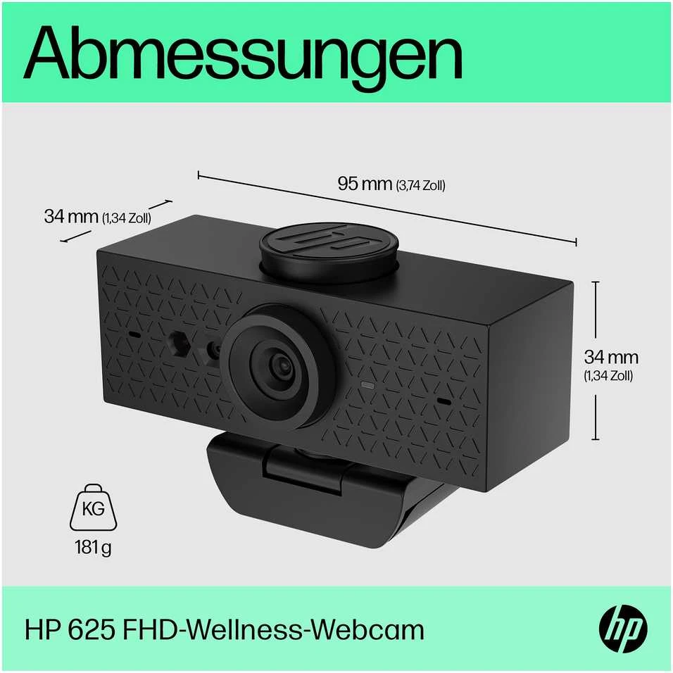 HP 625 USB FHD konferencijų verslo internetinė kamera – pakreipta, pasukama, dvigubą triukšmą mažinantis mikrofonas, HDR, suderinama su „Windows Hello“, pritvirtinama – Juodas