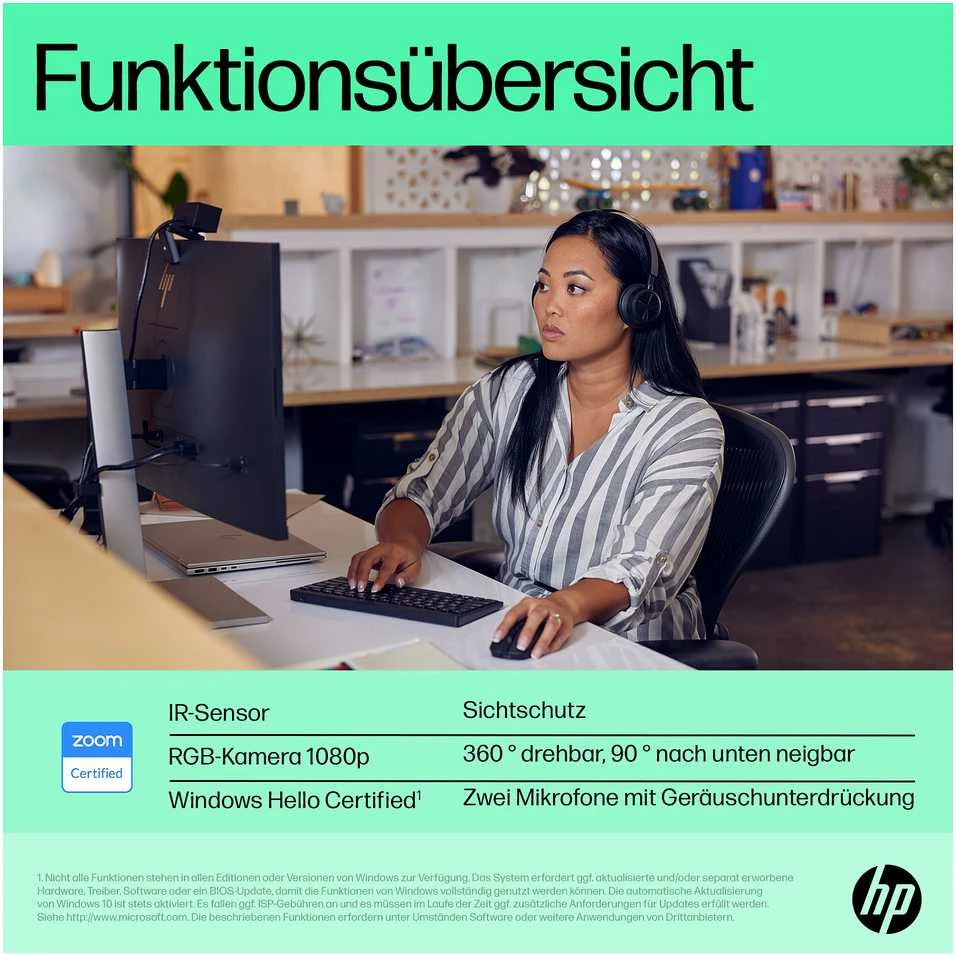 HP 625 USB FHD konferencijų verslo internetinė kamera – pakreipta, pasukama, dvigubą triukšmą mažinantis mikrofonas, HDR, suderinama su „Windows Hello“, pritvirtinama – Juodas