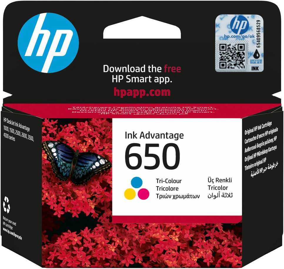 Hewlett Packard (HP) „HP 650“ trispalvė originali rašalo „Advantage“ kasetė (200 puslapių)