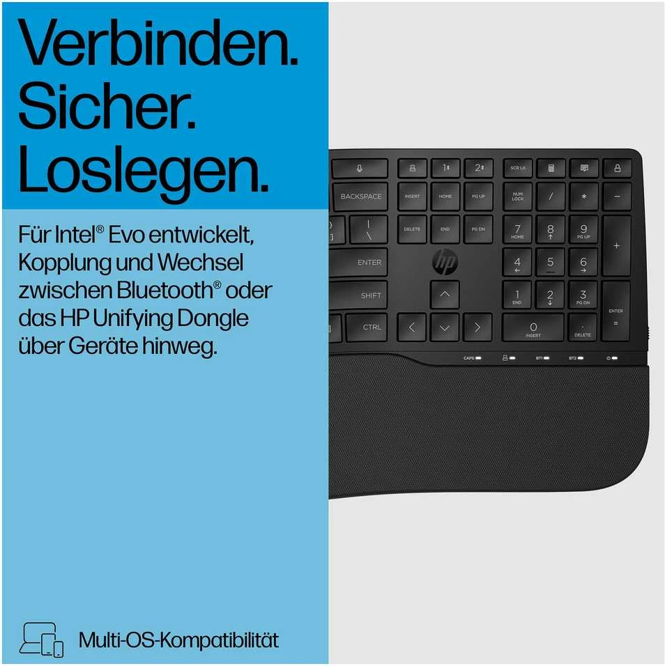 HP 685 Comfort belaidis „Bluetooth“ bangų formos klaviatūra su delno atrama - dviejų režimų, dezinfekuojamas, programuojamas, reguliuojamo kampo, pakreipimo, atsparus išsiliejimui - Juodas - US ENG