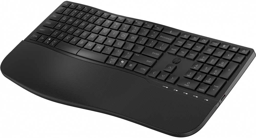 HP 685 Comfort belaidis „Bluetooth“ bangų formos klaviatūra su delno atrama - dviejų režimų, dezinfekuojamas, programuojamas, reguliuojamo kampo, pakreipimo, atsparus išsiliejimui - Juodas - US ENG