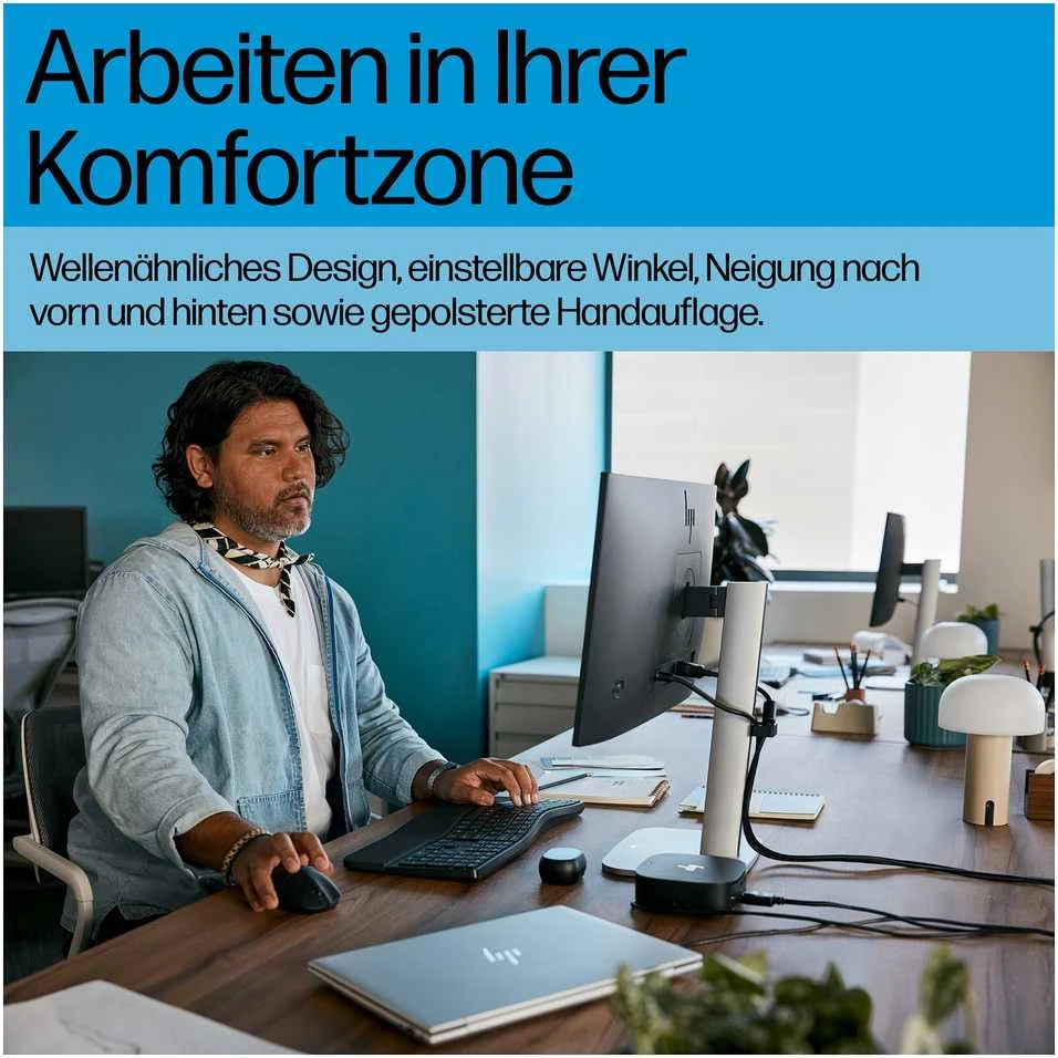 HP 685 Comfort belaidis „Bluetooth“ bangų formos klaviatūra su delno atrama - dviejų režimų, dezinfekuojamas, programuojamas, reguliuojamo kampo, pakreipimo, atsparus išsiliejimui - Juodas - US ENG